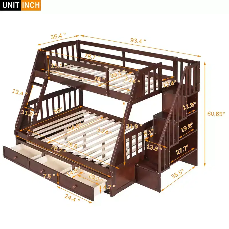 Twin over Full Bunk Bed with Drawers, Convertible Wood Bunk Bed with Two Storage Drawers, Solid Wood Detachable Bunk Bed Frame