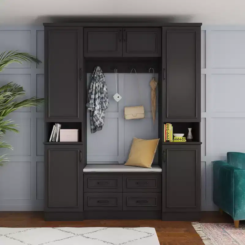Famapy Black 6-Door Wardrobe Closet Hall Tree with Bench Hanging Rods and Hooks