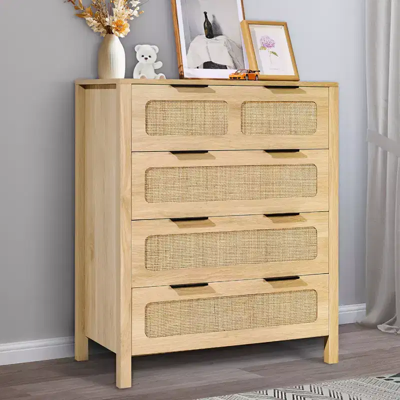 VEVOR 4 Drawer Rattan Dresser, Boho Dresser, Rattan Chest of Drawers with Spacious Storage, Natural Rattan Dresser, Wood Color