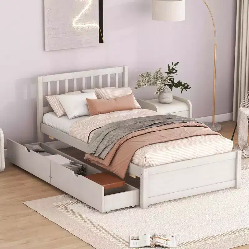 MAYEERTY Modern Twin Size Platform Bed, White Washed Wood Frame with 2 Drawers