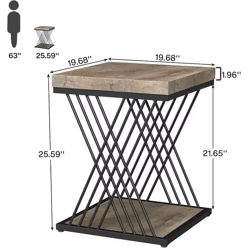 2-Tier Square End Table / Side Table – Marble Veneer, Cross-Bar Design