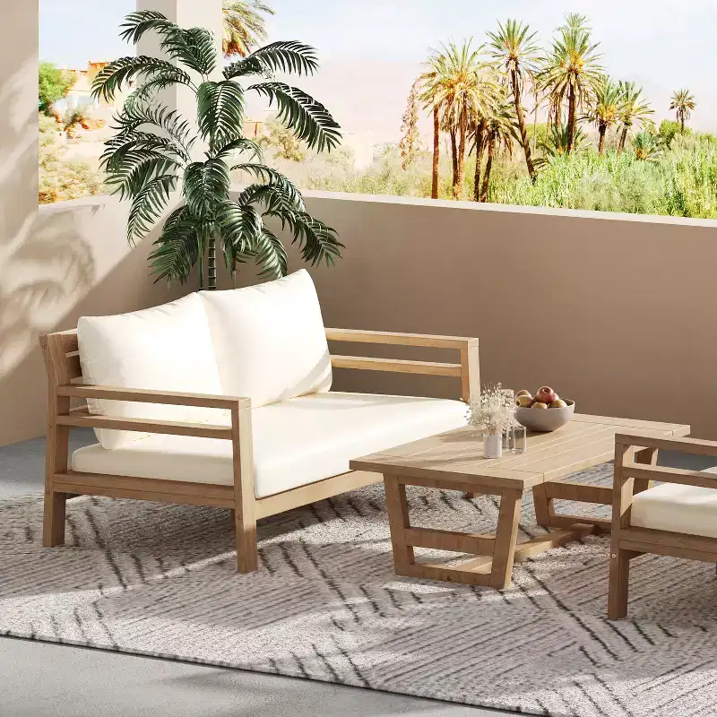 ModernLuxe 5-Piece Acacia Wood Outdoor Patio Sofa Set with Coffee Table, Patio Conversation Set with Beige Cushions, Light Teak Finish