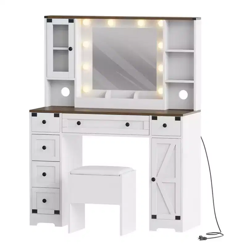 Makeup Vanity Desk, Adult Dressing Table Set, Vanity Desk with Lights Charging Station, Drawers, for Bathroom, Bedroom, White