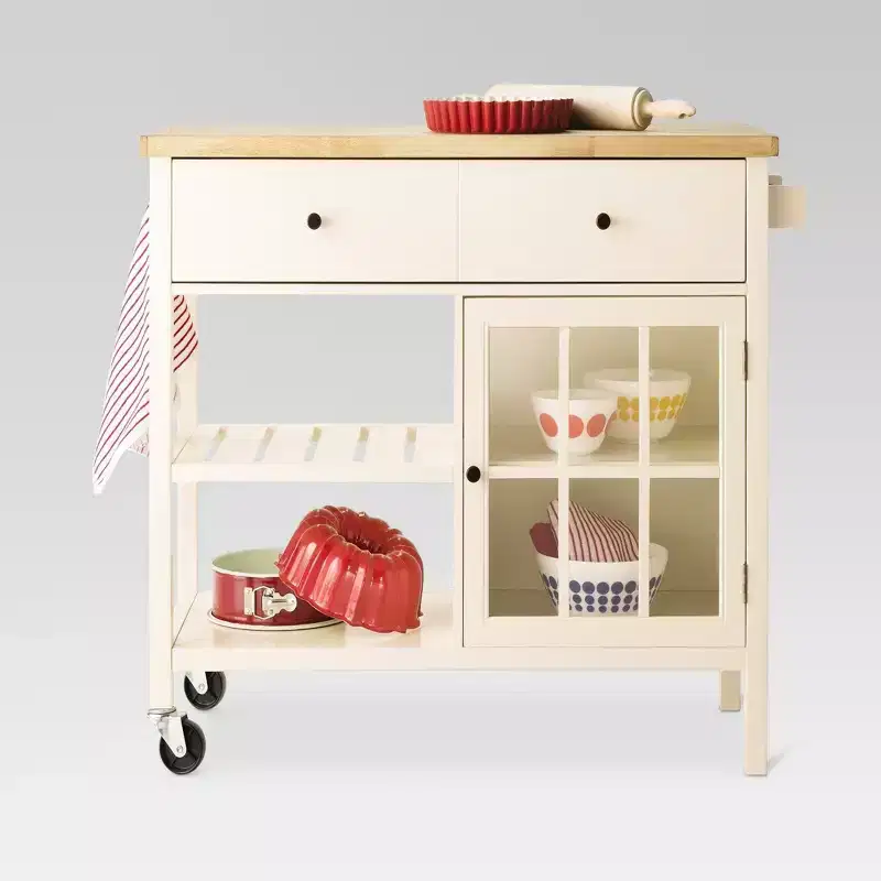 Windham Wood Top Kitchen Island Off White - Threshold™ (Assembly required): Pine & Rubberwood Frame, Storage Cart with Casters