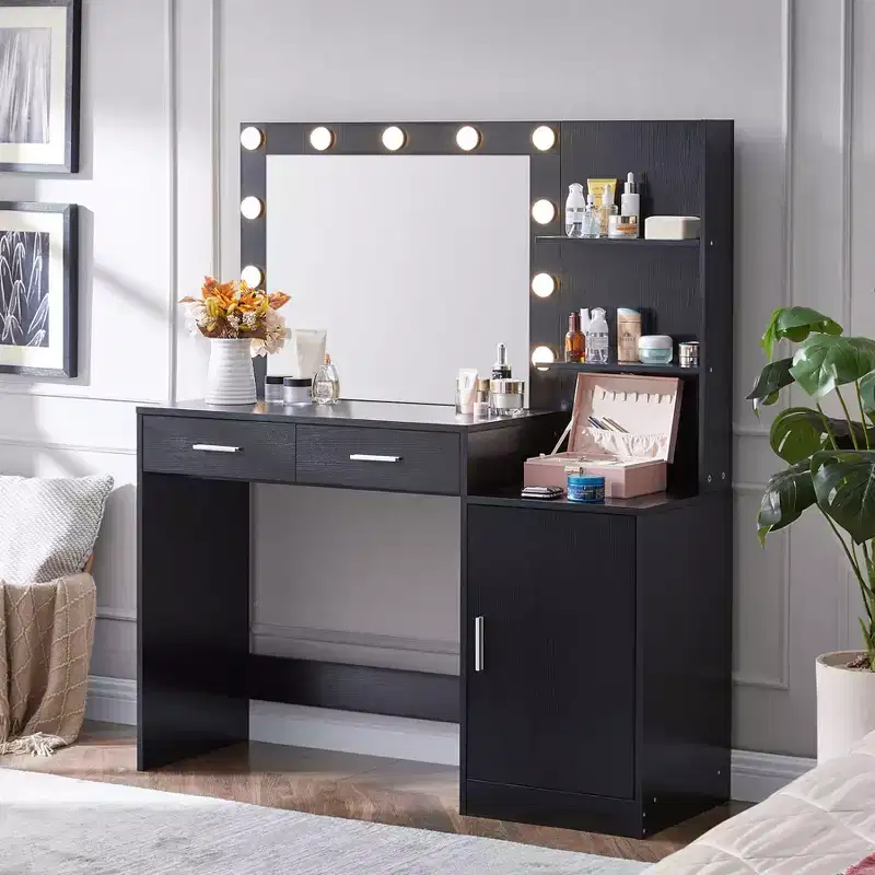 Okak 46.4IN Vanity Desk with Large Rectangular Mirror, Makeup Vanity with 2 Drawer and 1 Large Cabinet, Vanity Table for Bedroom, Living Room