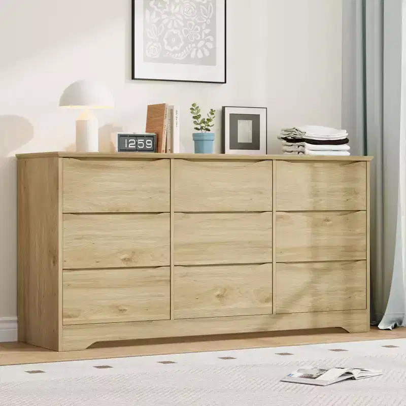 Modern Wooden Dresser with 9 Drawers, Large Chest of Drawers with Deep Storage & Wide Top, Tall Organizer for Bedroom, Living & Kids Room,Natural