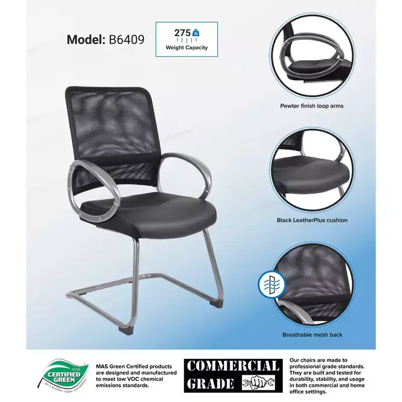 Mesh Back with Pewter Finish Guest Chair Black - Boss Office Products: LeatherPlus Seat, Cantilever Base