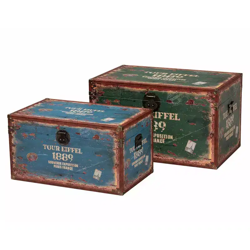 Baxton Studio 2pc Sabeen Faux Leather and Wood Storage Trunk Set Green/Blue