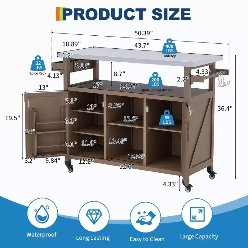 Outdoor Grill Cart with Storage Cabinet, Kitchen Island, Grill Cart Table with Stainless Steel Table Top, Spice Rack, Towel Rack & Lockable Wheels