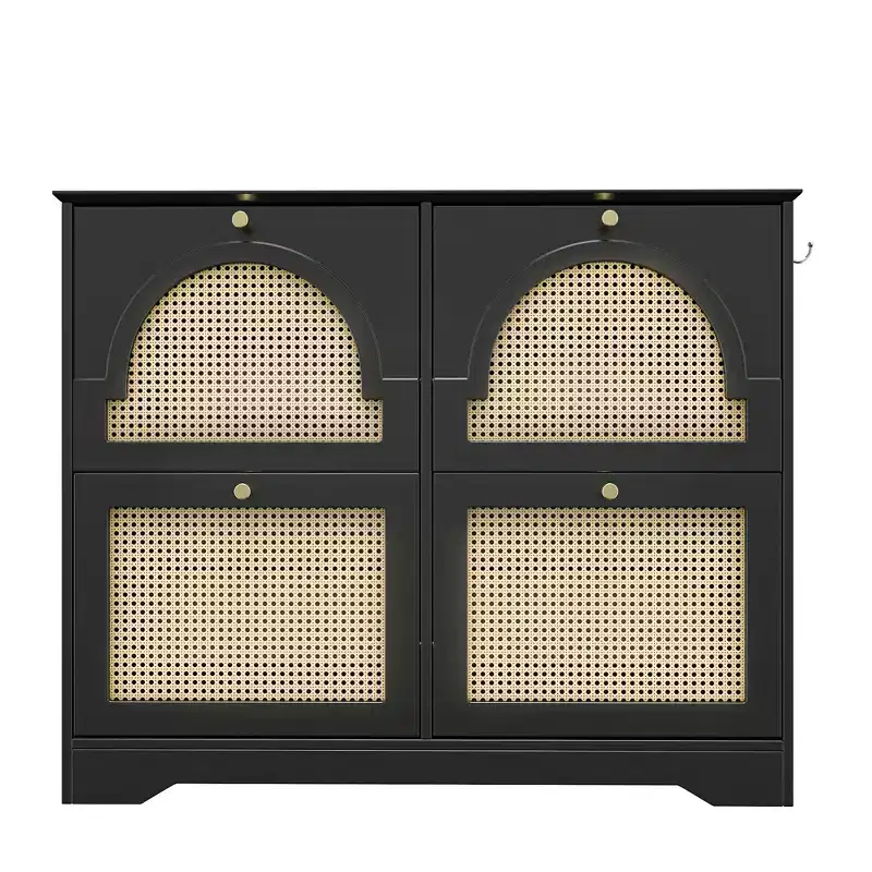 CLIHOME Mid-Century Narrow Design Tipping Bucket Shoe Cabinet with 4 Flip Drawers, Elegant Entryway Shoe Organizer with 4 Rattan Doors