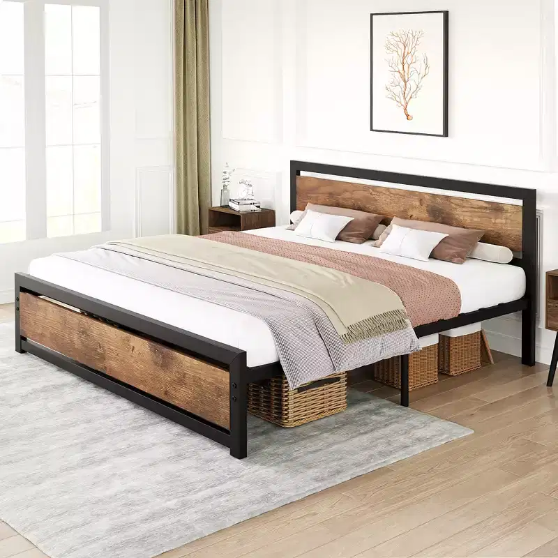 Bed Frame, Metal Platform Bed Frame with Wooden Headboard and Footboard, Non-Slip Heavy Duty Bed Frame with Large Under Storage, No Box Spring Needed