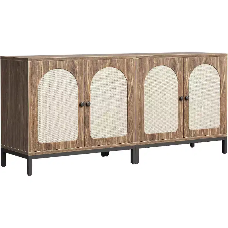 Acekool 2-Pack Rattan Sideboard Cabinets with Adjustable Shelves, Farmhouse Storage Buffets with Woven Doors,Brown