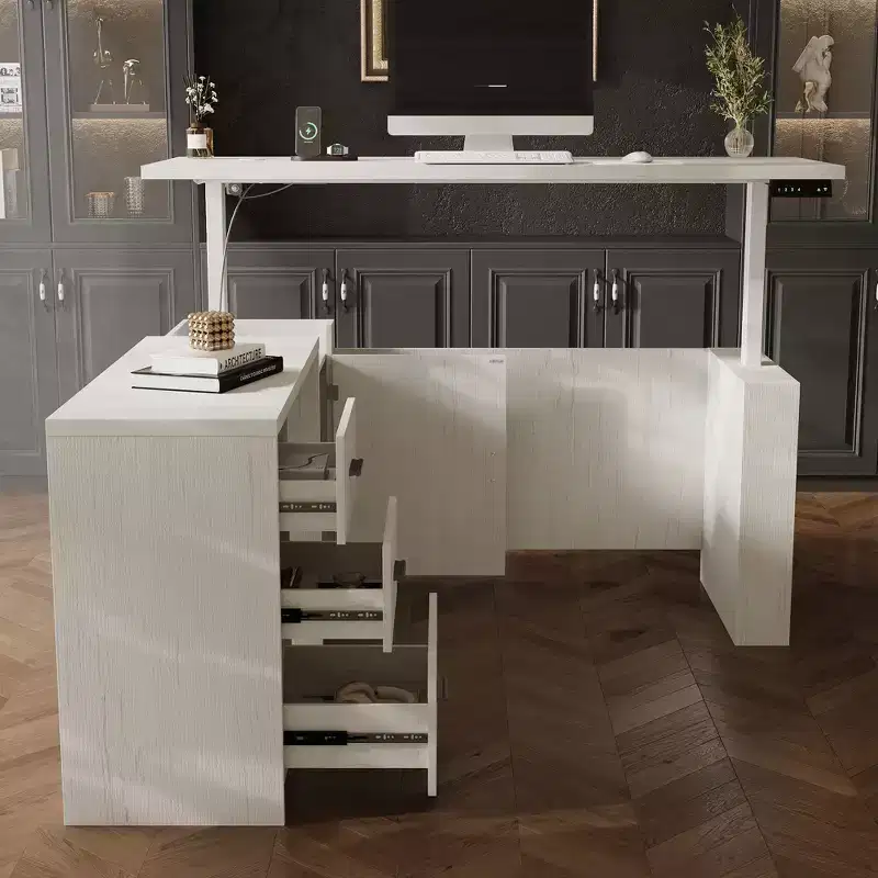 L-Shaped Electric Height Adjustable Desk with Storage Drawers, Charging Ports & 4 Memory Settings