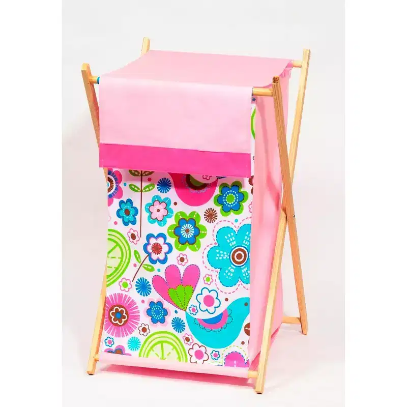 Botanical Pink Laundry Hamper with Wooden Frame