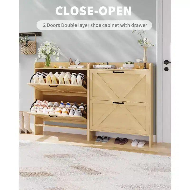 Shoe Storage Cabinet with 2 Flip Drawers, Entryway Slim Shoe Rack, Freestanding Hidden Shoe Organizer Cabinet with Metal Legs