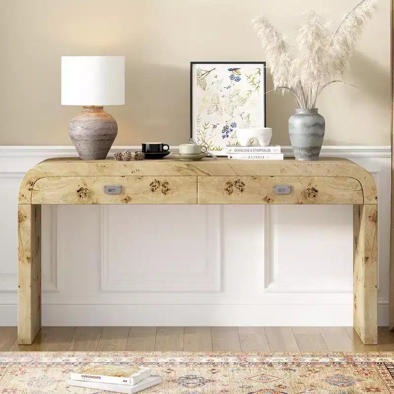 Clihome 60Wooden Entryway Table with Burl Veneer, Console Table with 2 Large Drawers and Metal Handles,Multi-Functional Sofa Table