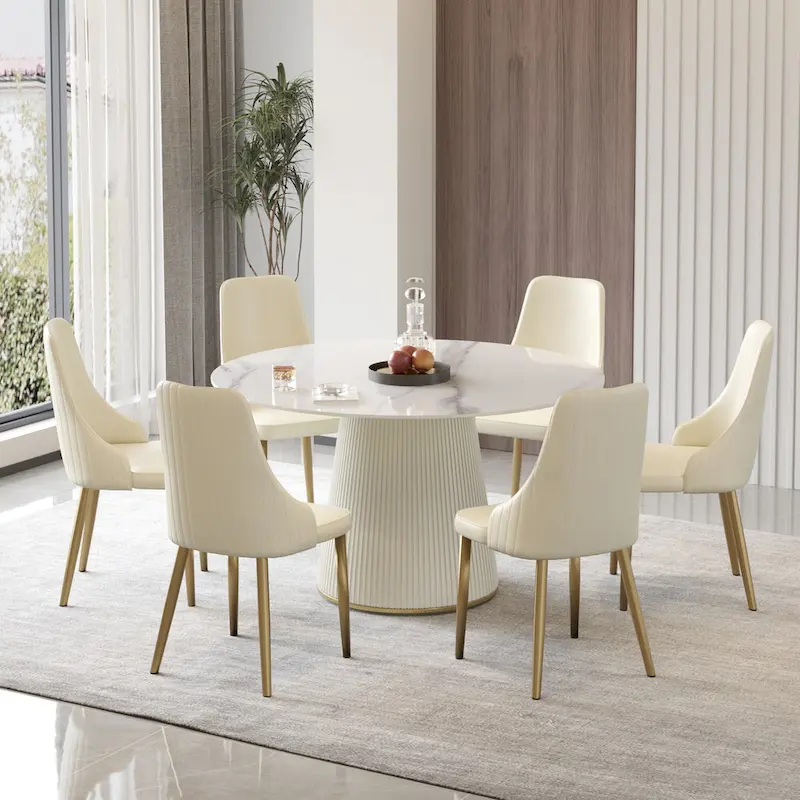 Round PU Pedestal Dining Table Faux Marble Dining Table