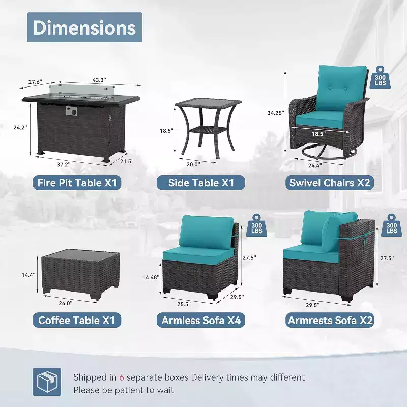 ALAULM 11 Pieces Patio Furniture Set, Rattan Wicker Outdoor Conversation Sets w/43in Propane Fire Pit Table