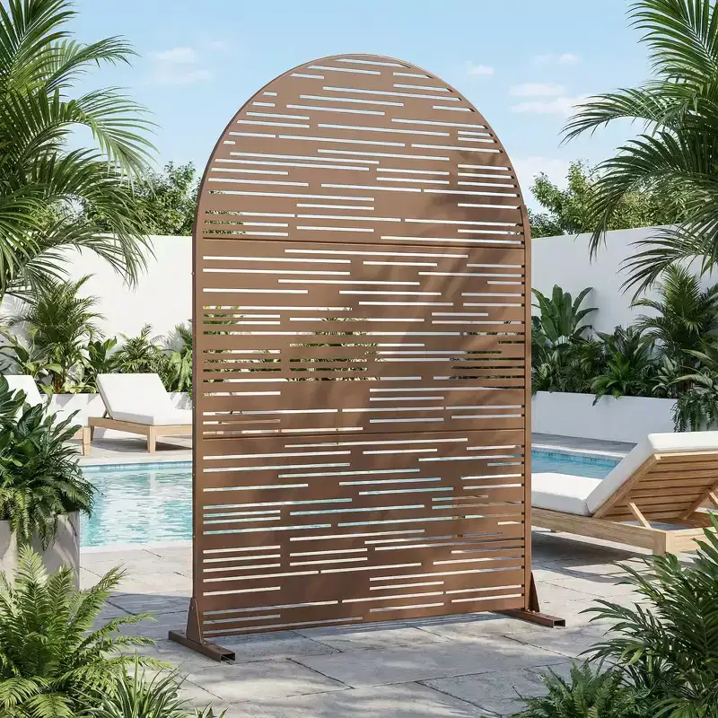 Arched Outdoor Metal Privacy Screen Freestanding Fence Panel, White/Brown, 72