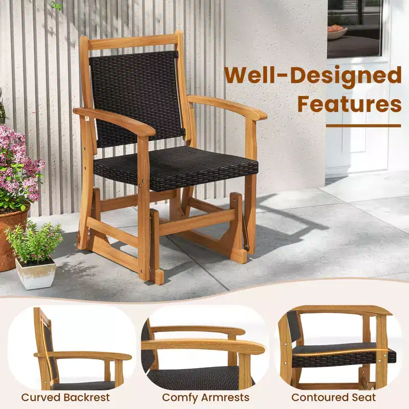 Costway Patio Rattan Glider Chair w/ Acacia Wood Frame & Wicker Seat Back Armrests