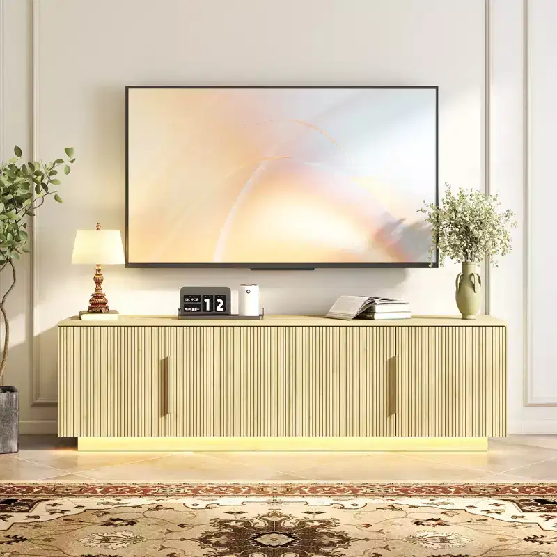 Zevemomo 67.7 Fluted TV Stand for TVs up to 75 with 16 Color LED Strip Lights, 6 Storage Compartments for Living Room, Natural Oak