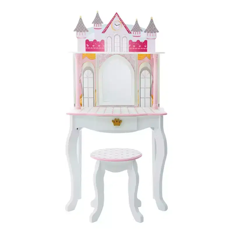 Castle Wooden Vanity with Stool & Mirror, Pink/White