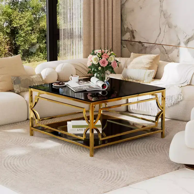 Zeus & Ruta 33.5 Square Glass Coffee Table with Luxe Geometric Metal Frame, Gold Finish & Lower Shelf