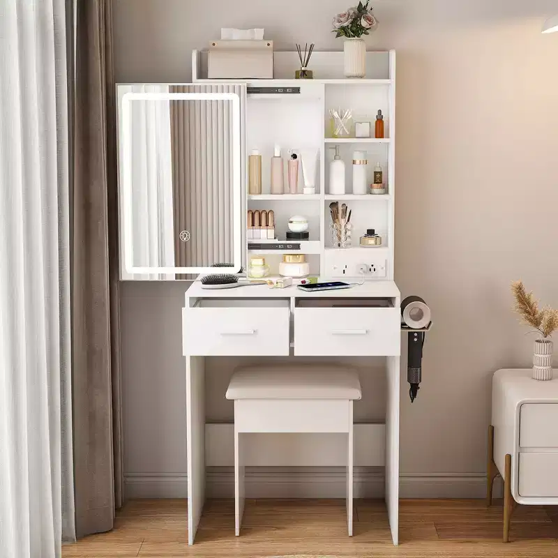 Okak Compact Vanity with Adjustable Mirror, Vanity Desk with Built-in Power Outlet and Padding Stool, Girls Vanity for Bedroom, White