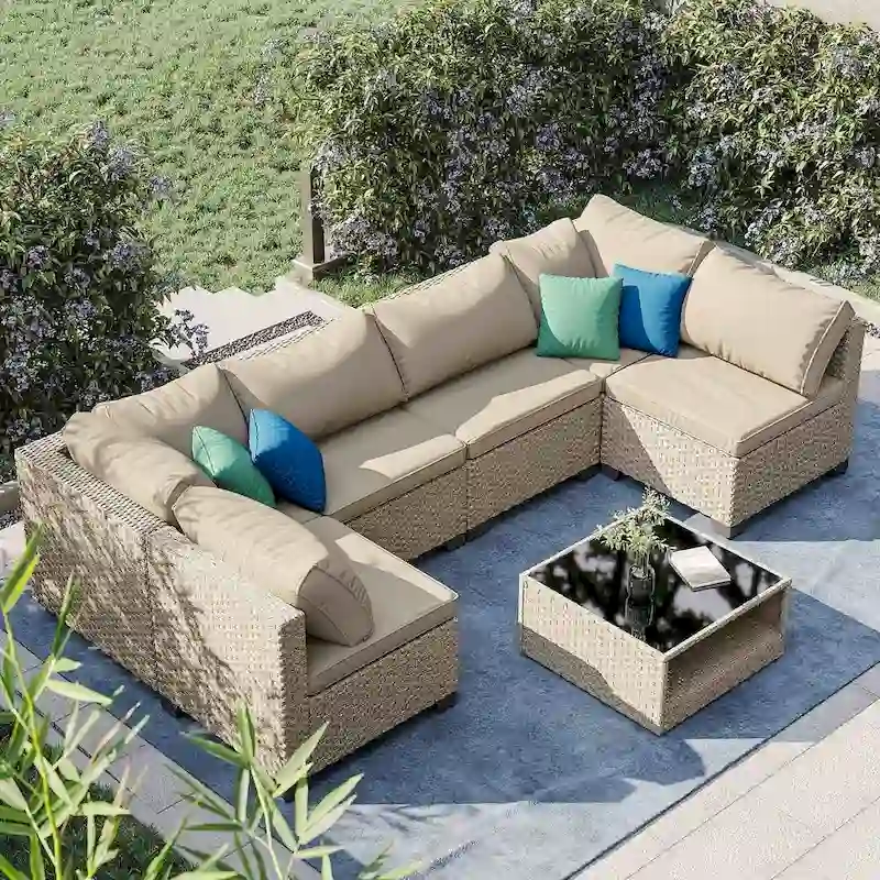 7-piece Outdoor Patio Wicker Conversation Set With Glass-Top Table