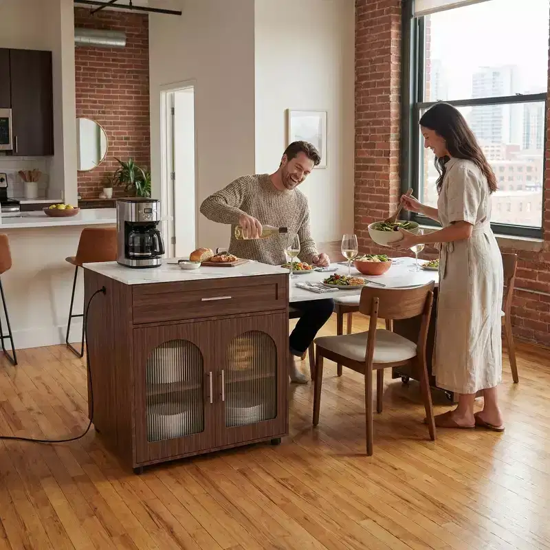 80-Inch Mobile Kitchen Island  Expandable Marble-Grain Countertop with Cabinet, Drawers & Dining Space, Walnut Finish for Kitchen Prep & Dining