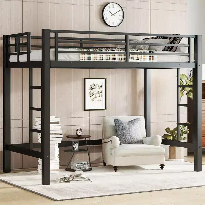 Black Twin Size Metal Loft Bed Loft Bed with Easy Climbing Ladder and Guardrails