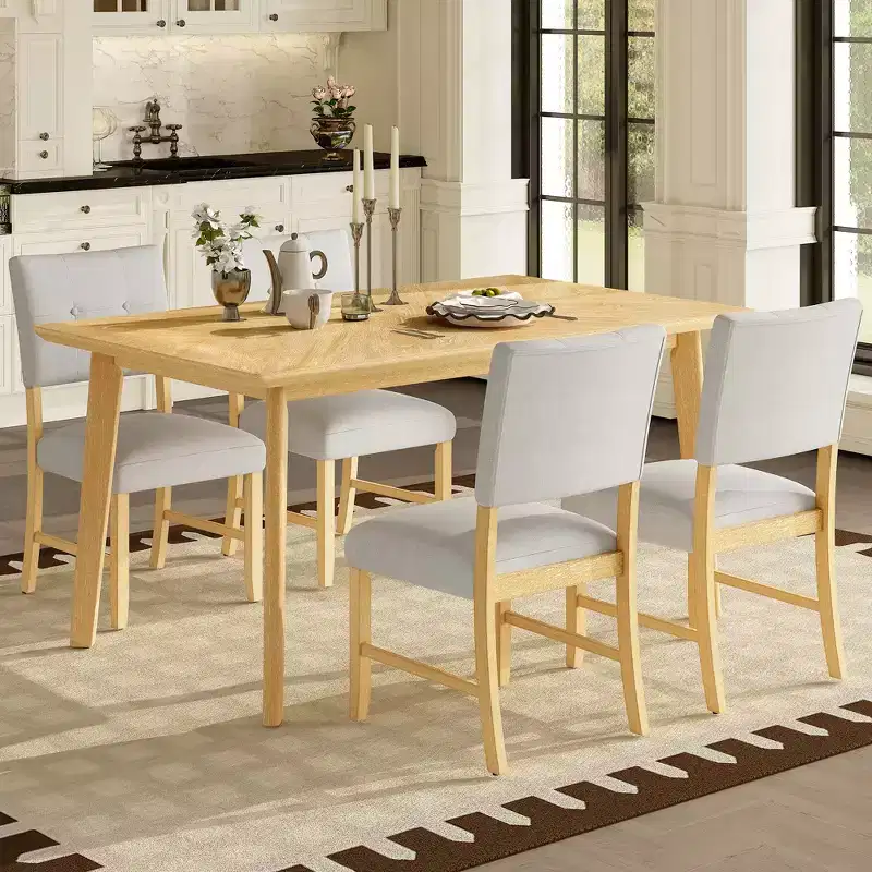 Minimalist Dining Room Table Set for 4, 5 Piece Solid Wood Rectangle Dining Set with 4 Upholstered Chairs for Dining Room, Natural Wood Wash