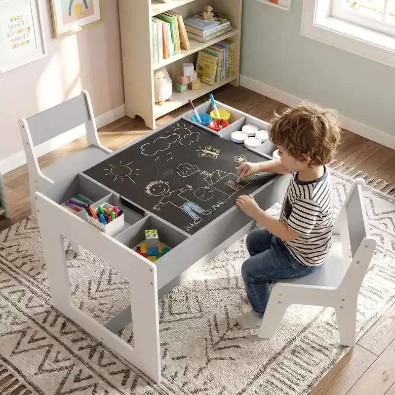 Costway Multifunctional Kids Table & 2 Chairs Set with Removable Double-sized Tabletop Gray + White/Natural + White