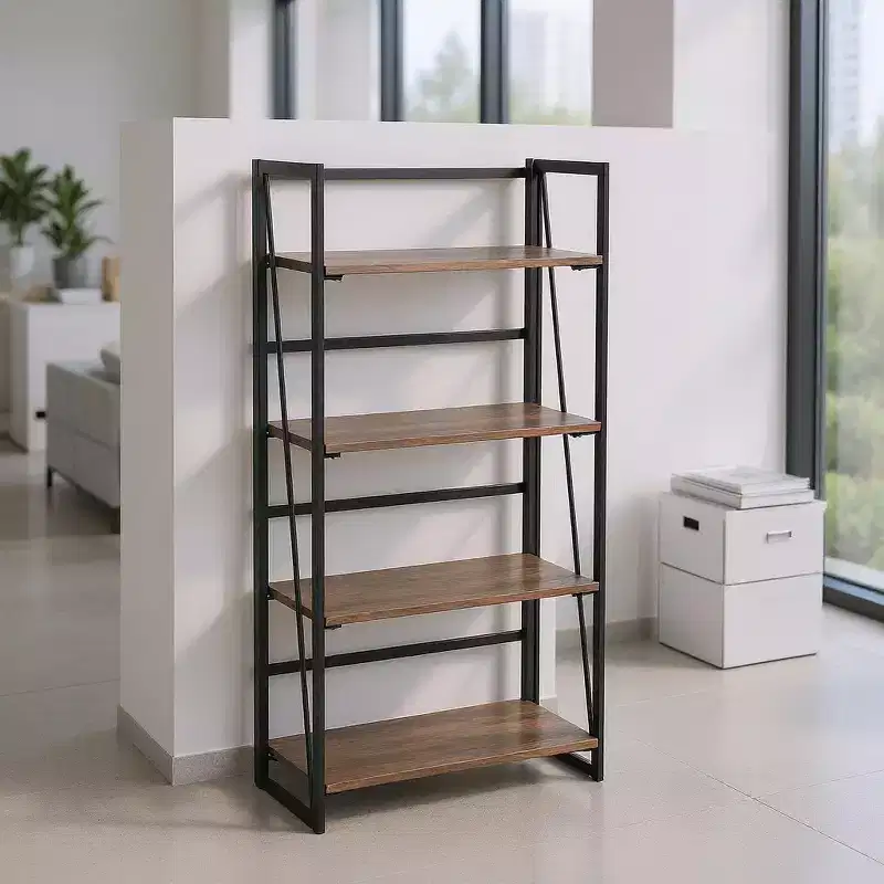 FurnitureR Folding 4-Tier Bookshelf Storage Rack, Metal Bookcase with Rustic Wood Shelves, Foldable Home Organizer for Living Room, Office, Brown