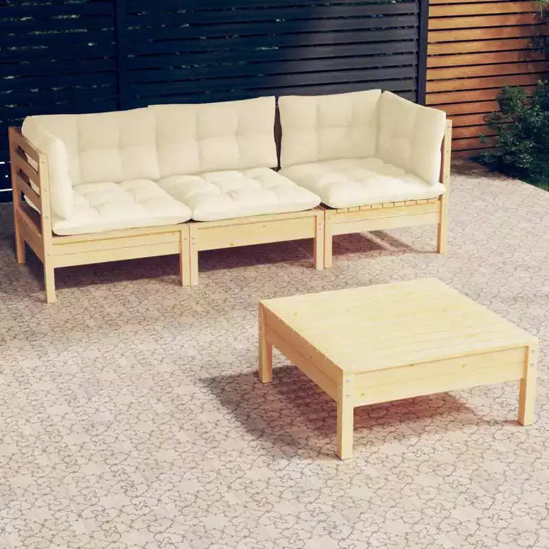 vidaXL Solid Pinewood Patio Lounge Set 4 Piece with Cream Cushions - Brown and Cream