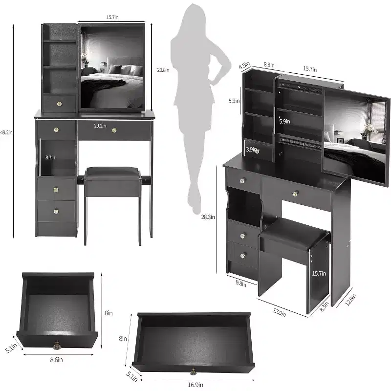 CuisinSmart Left Drawer Desktop Vanity Table Cushioned Stool, Extra Large Sliding Mirror, Multi Layer, High Capacity Storage Dresser for Small Space