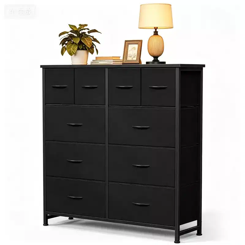 10-Drawer Storage Cabinet with Metal Frame and Adjustable Feet, Black