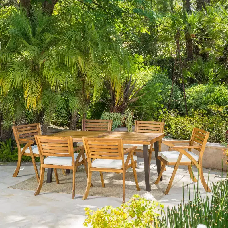 Christopher Knight Home Spanish Bay Outdoor 7 Piece Acacia Wood and Rustic Metal Dining Set with Cushions