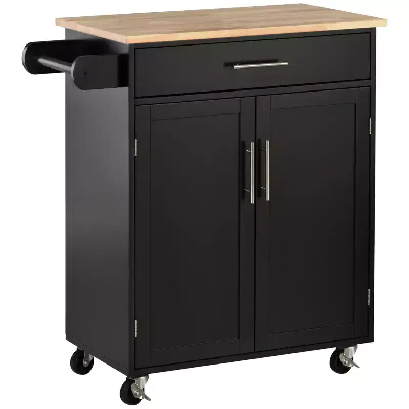FAMYYT Black Rubber Wood Veneer 56 in. Kitchen Island with Adjustable Shelf, 1-Door Shelves, 4-Wheels with Deep Drawers