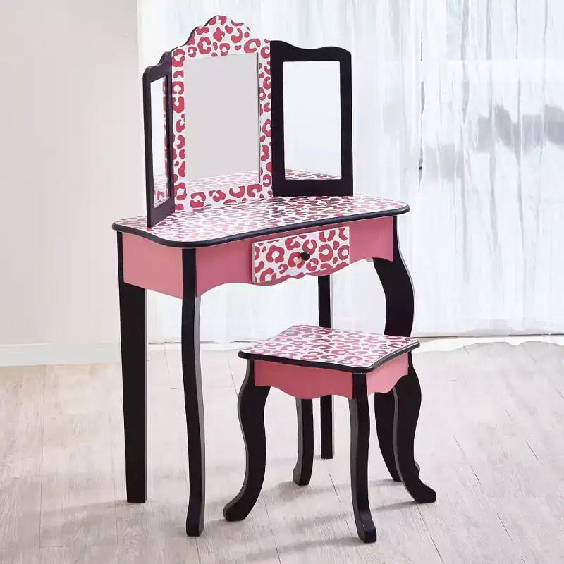 Teamson Kids 2pc Leopard Prints Kids' Wooden Play Vanity Set Black/Pink: Makeup Vanity for Little Girls with Stool