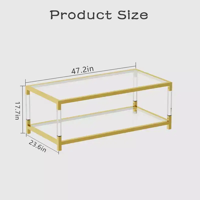 Modern Acrylic Legs Coffee Table, Double Layer Tempered Glass Top with Golden Metal Frame for Living Room Office