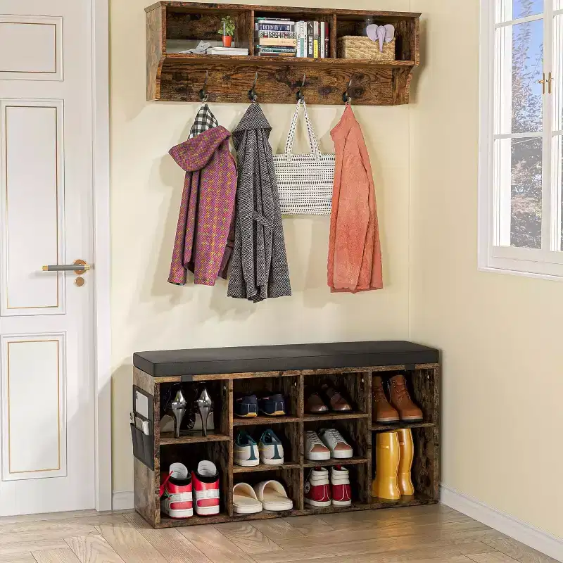 Beige Upholstered Shoe Storage Bench with Cushion, 10-Cubby, 2-Person