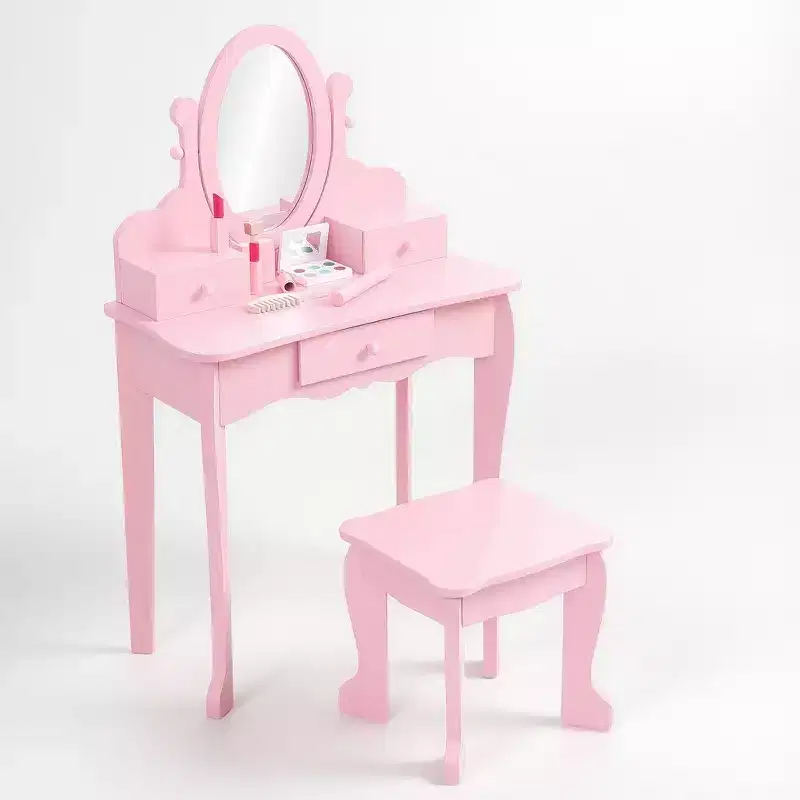 GustoWave Pink Kids Vanity Set  Girls Wooden Makeup Table with Adjustable Mirror & Stool, Dress-Up Playset for Ages 49