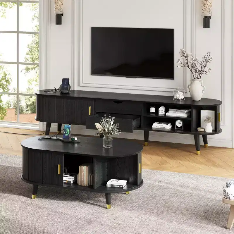 CLIHOME Wooden Farmhouse TV Stand & Coffee Table Set with Charging Station, Oval Fluted Media Console for TVs up to 80