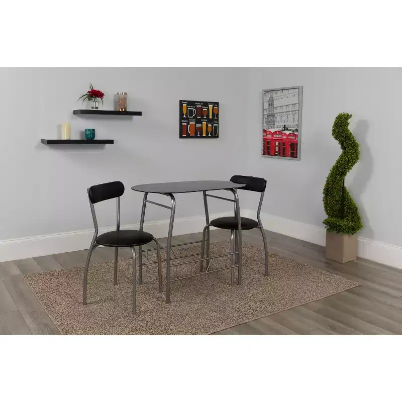 Emma and Oliver 3 Piece Black Glass Space-Saver Bistro Set with Padded Chairs