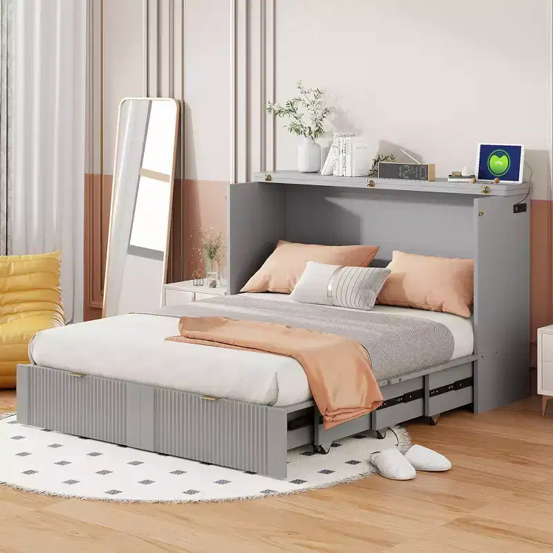 Full/Queen Murphy Bed Wall Bed with Storage Drawers, Space-Saving Murphy Cabinet Bed with USB for Guest Room, Pulley Structure, Grey