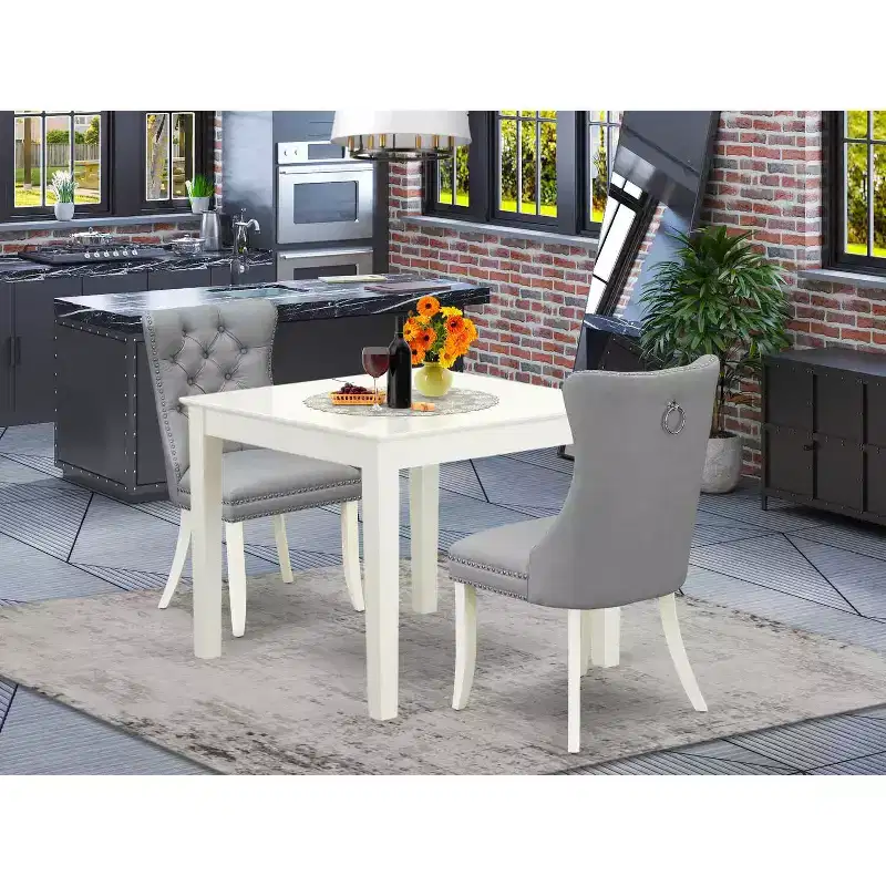 HomeStock 3-Pc Linen White Finish Square Solid Wood Top Dining Table Set