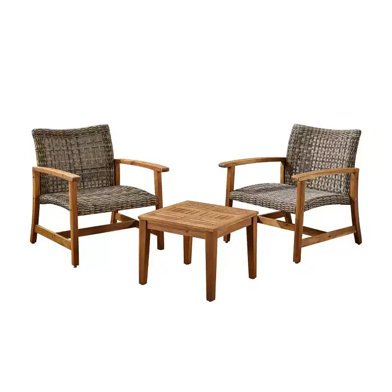 GDFStudio Savannah Outdoor Acacia Wood and Wicker 3 Piece Chat Set