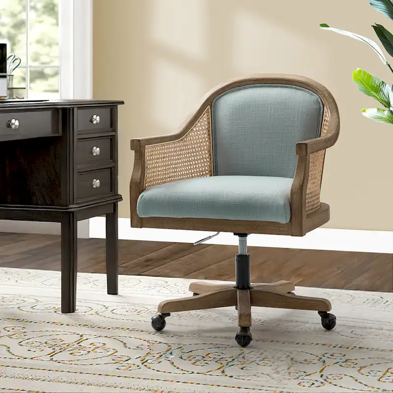 Danilo Farmhouse 360 Degree Swivel Height Adjustable Rattan Desk Chair with RubberWood by HULALA HOME