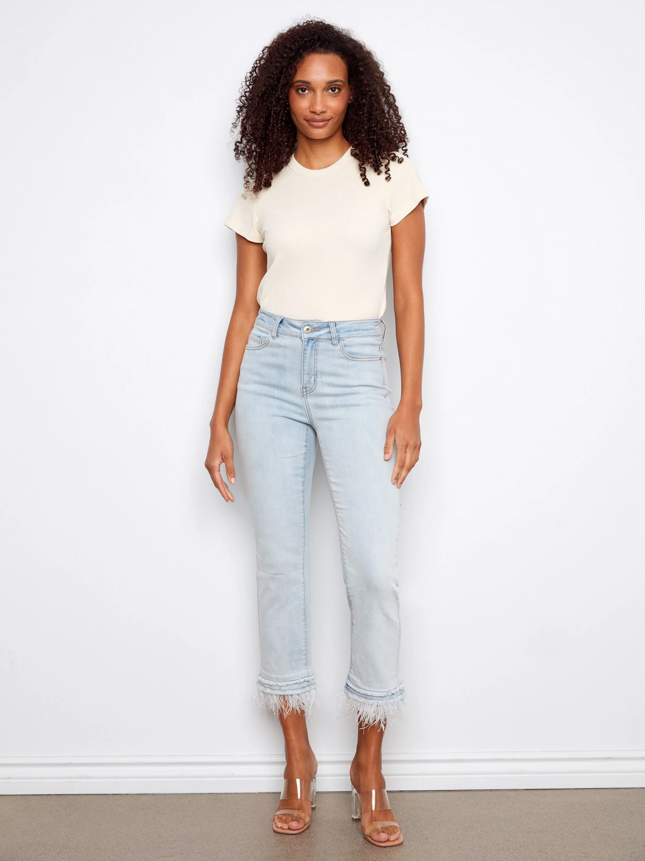 Cropped Jeans With Removable Feather Hem - Bleach Blue